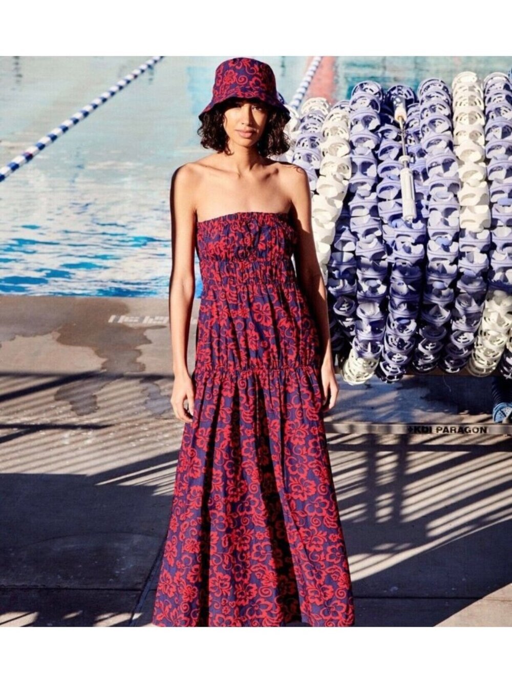 Anthropologie Sundry ALoha Navy & Red Floral Strapless Maxi Dress With Smocked 2